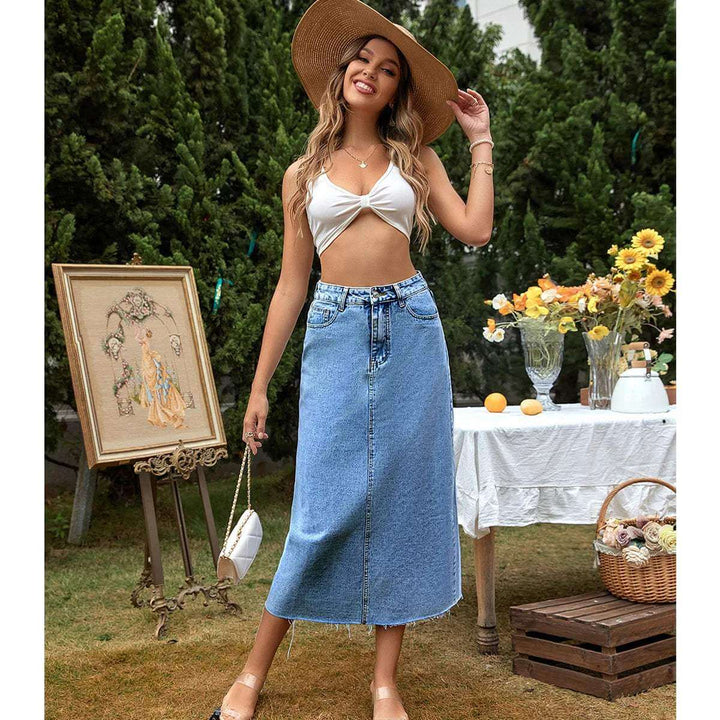 Women's Denim Maxi Skirt: High-Waisted, Frayed Hem