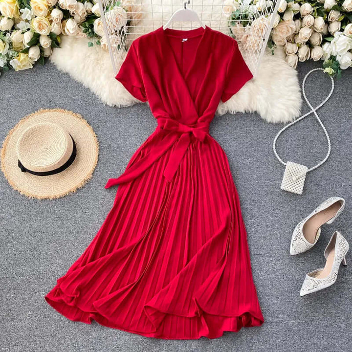 Women's Knee-Length Pleated Dress: Elegant V-Neck High Waist