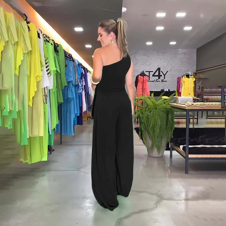 Women's One-Shoulder Wide-Leg Jumpsuit with Waist Tie