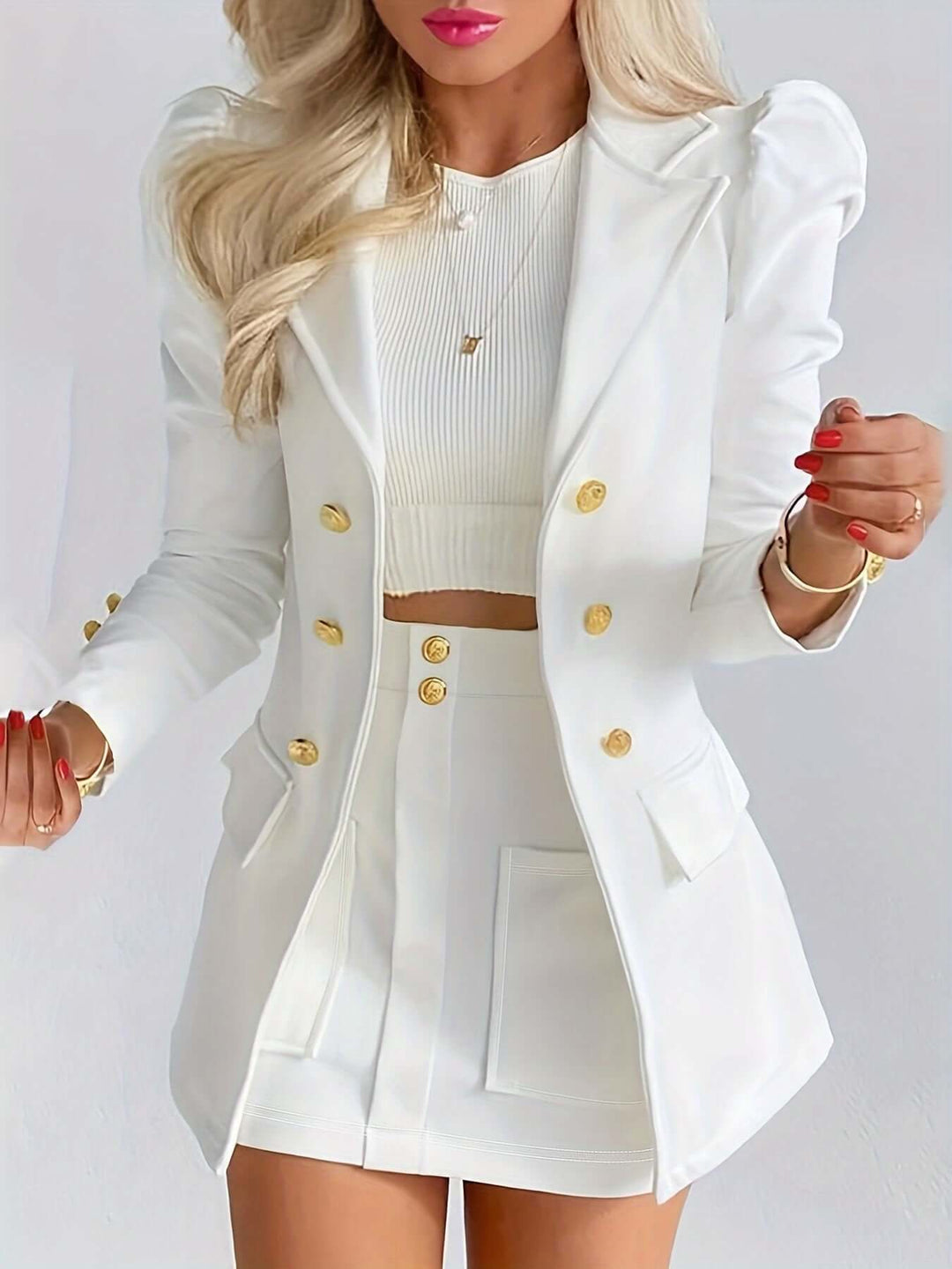 Women's Double-Breasted Blazer and Skirt Set