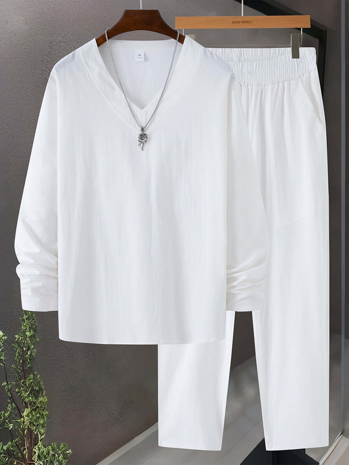 Men's Relaxed-Fit Loungewear Set: V-Neck Top & Trousers