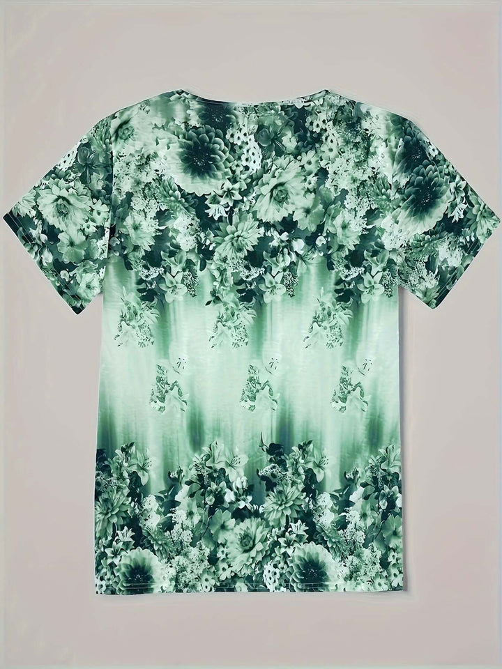 Women's Floral V-Neck Blouse, Relaxed Fit, Short Sleeves