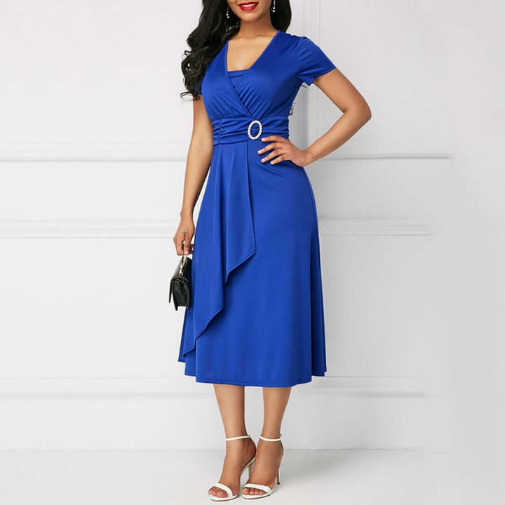 Women's Elegant Midi Wrap Dress, Short Sleeve V-Neck