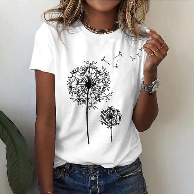Elegant Dandelion Print Cotton T-Shirt