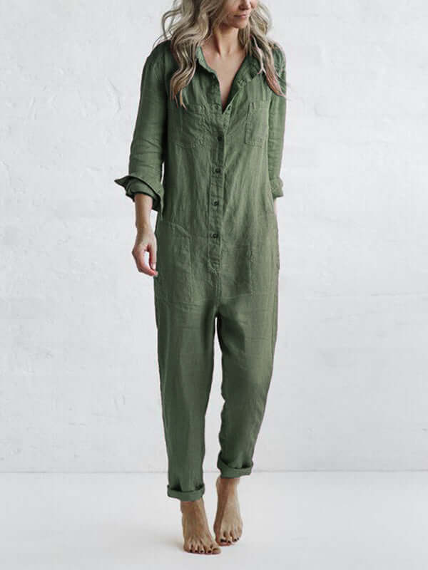 Women's Relaxed Fit Linen Jumpsuit with Roll Tab Sleeves