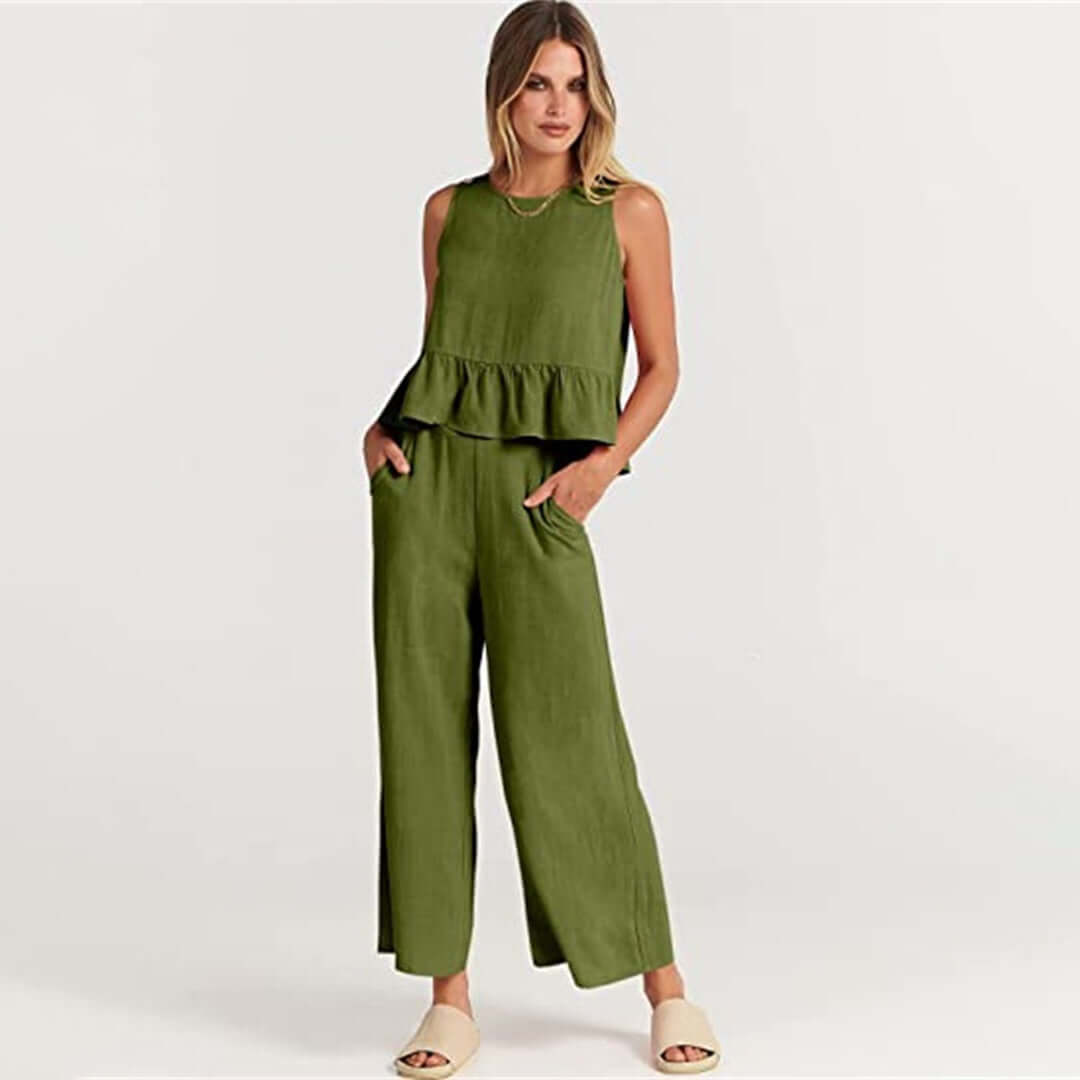 Women's Summer Sleeveless Jumpsuit: Peplum Waist, Wide Leg
