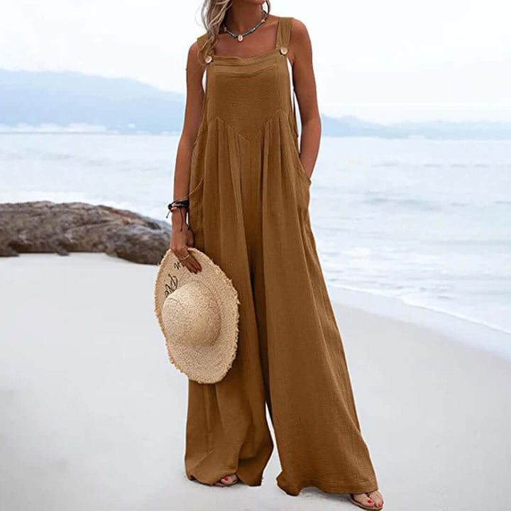 Women's Wide Leg Sleeveless Jumpsuit, Square Neck, Cotton