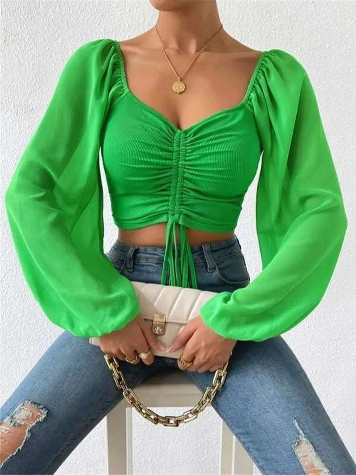 Women's Long Sleeve Cropped Top: Sweetheart Neckline & Ruched Detail