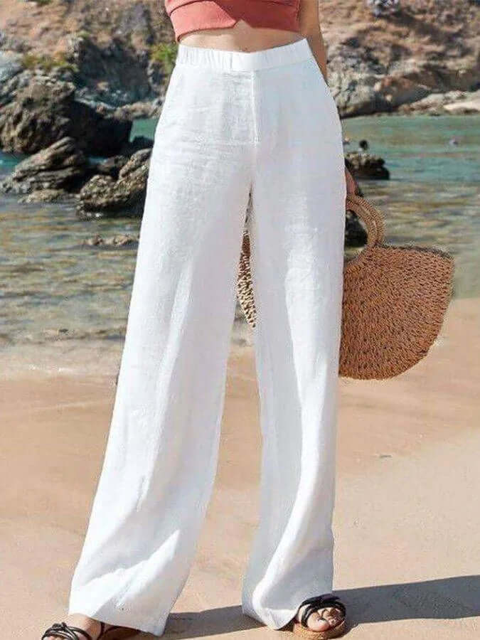Women's Wide-Leg Linen Trousers: Breathable & Elastic Waist