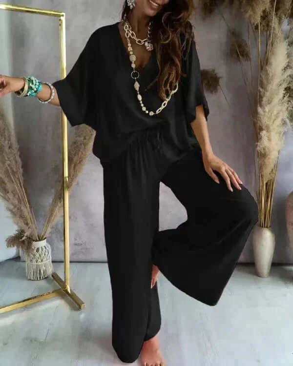Women's Relaxed Fit Loungewear Set: V-Neck Top & Wide Leg Pants