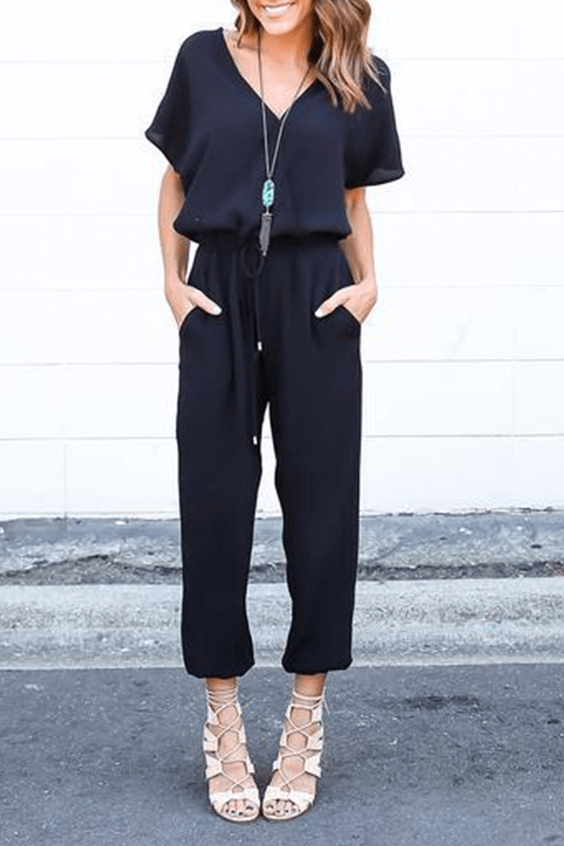 Women's V-Neck Wide Leg Jumpsuit with Crossed Straps