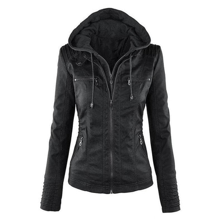 Women's Hooded Zip-Up PU Leather Jacket