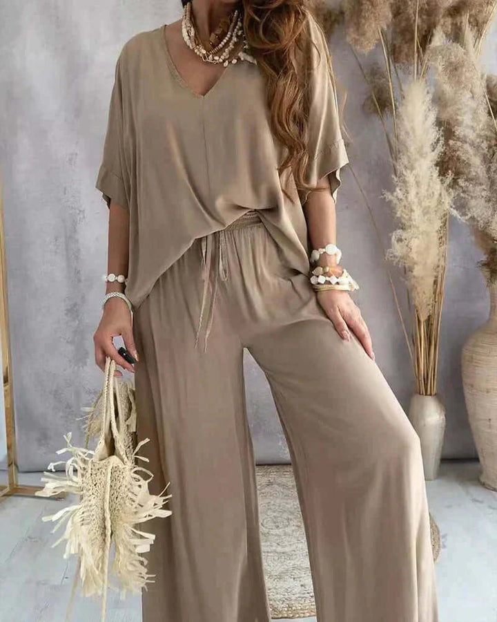 Women's Relaxed Fit Loungewear Set: V-Neck Top & Wide Leg Pants
