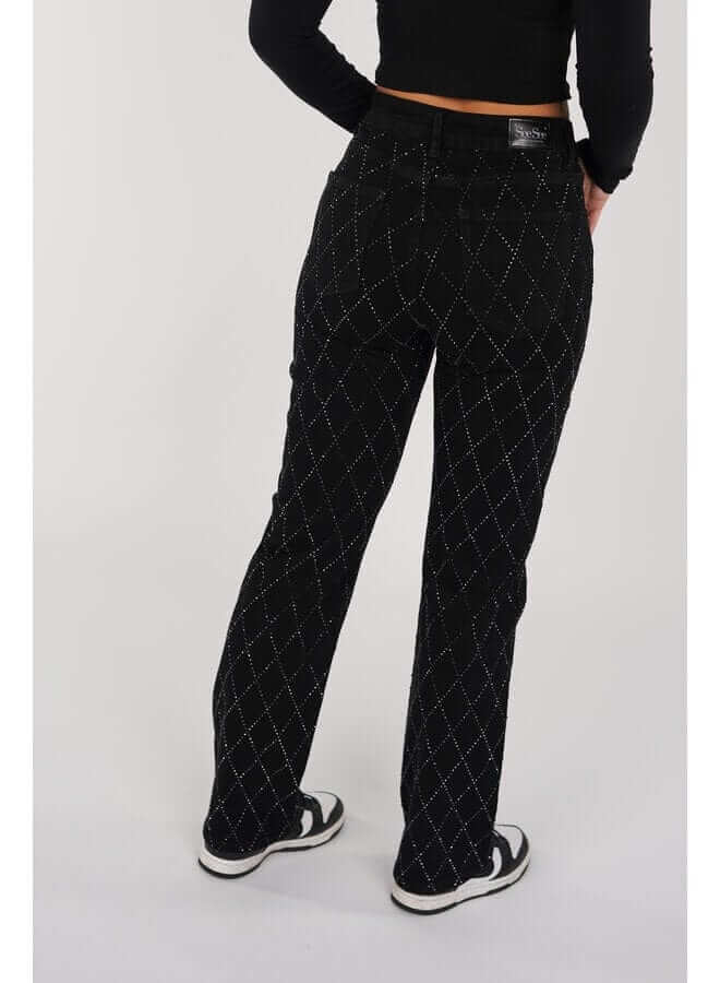 Women's Straight Leg Jeans: Diamond Pattern, Button Fly