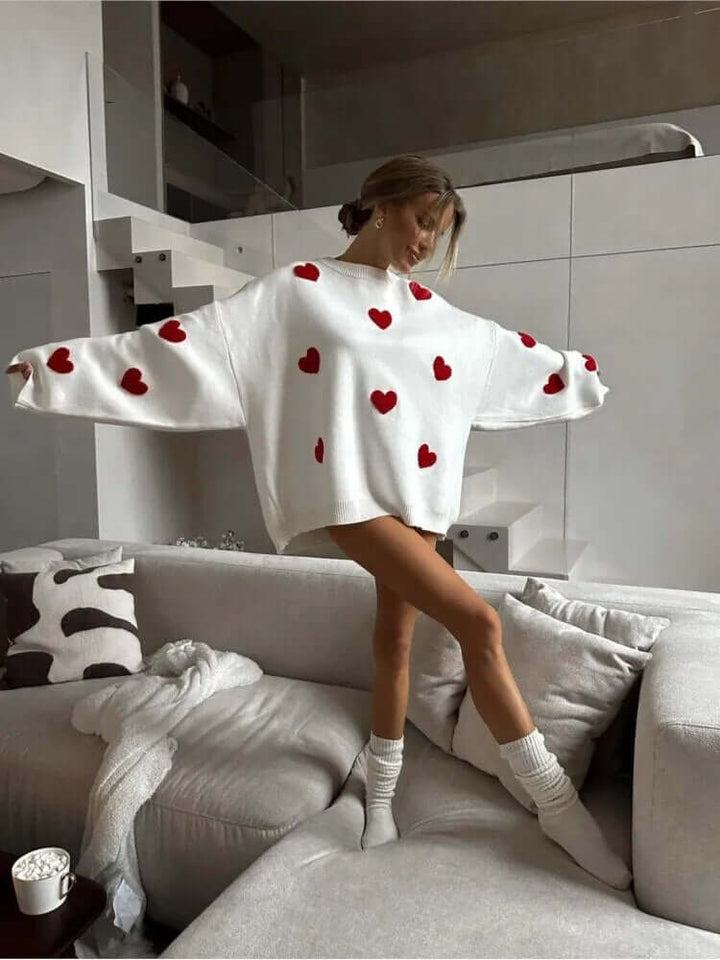 Women's Heart Print Loose Fit Sweater