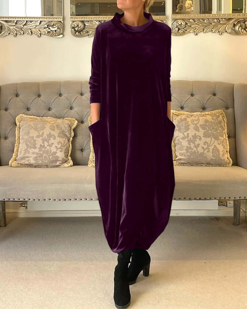 Women's Velvet Drape Dress: Long Sleeve, High Neck