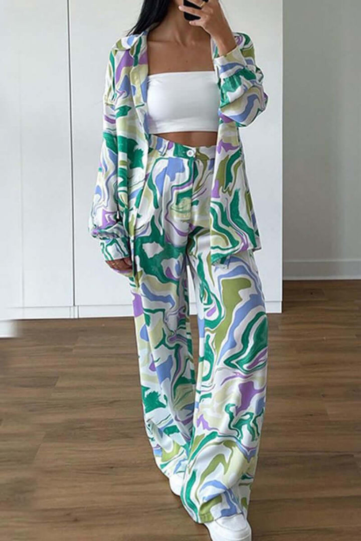 Women's Printed Two-Piece Cardigan Pant Set
