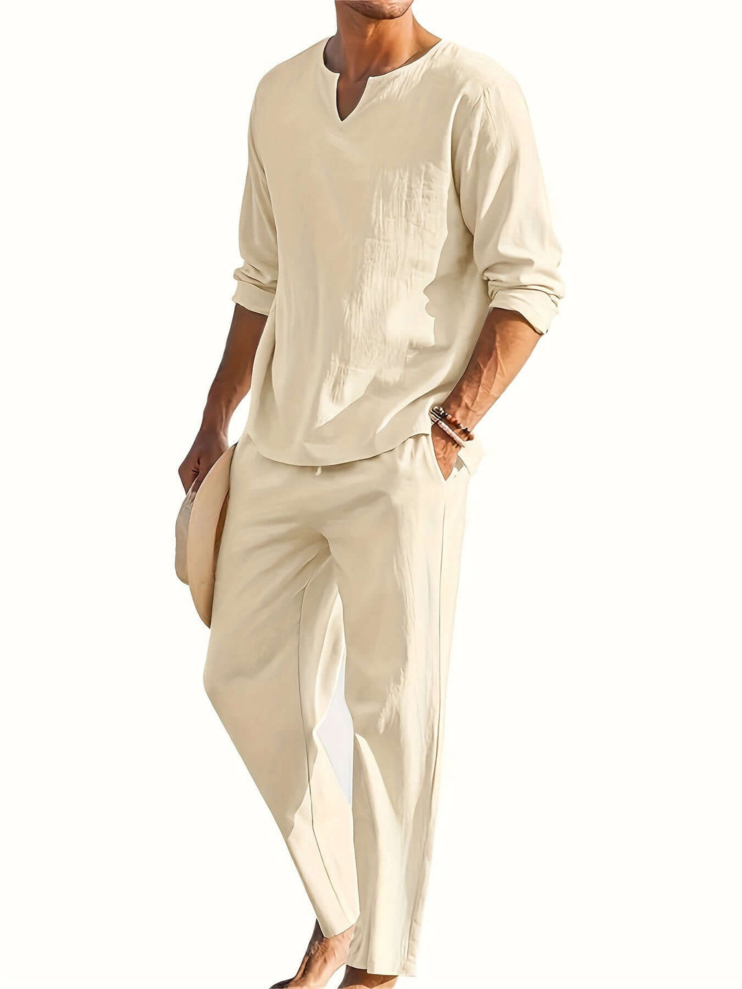 Men's Casual Two-Piece Outfit: V-Neck Top & Relaxed Trousers