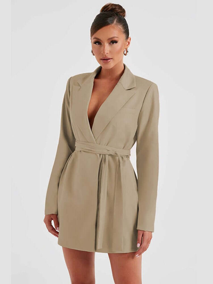 Women's Mini Blazer Dress: Tailored V-Neck, Long Sleeve