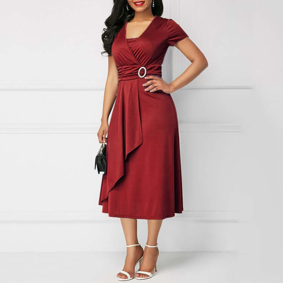 Women's Elegant Midi Wrap Dress, Short Sleeve V-Neck