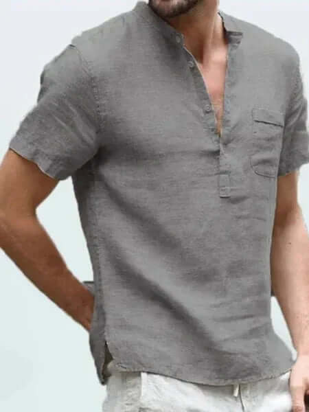 Men's Breathable Linen Shirt: Mandarin Collar, Short Sleeves
