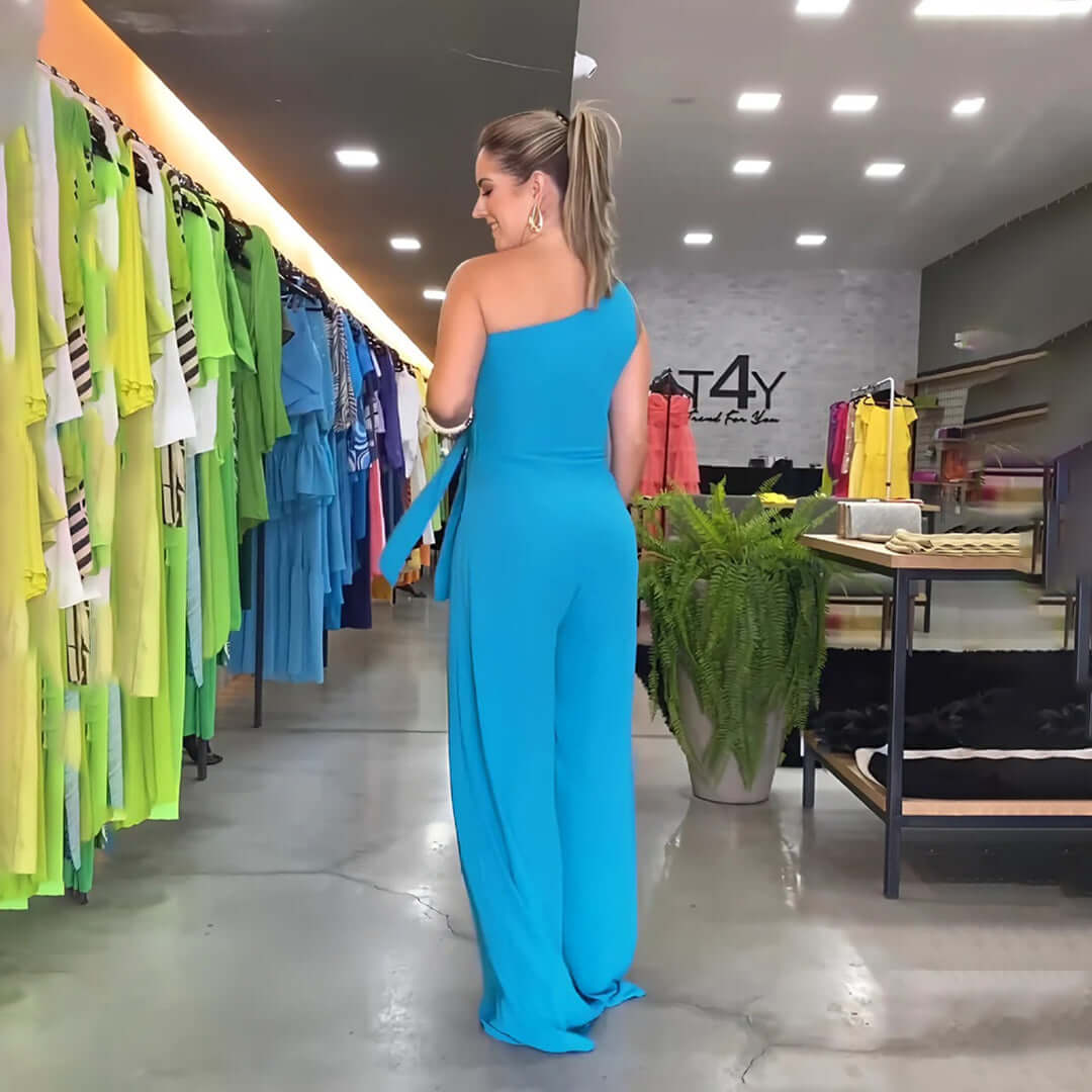 Women's One-Shoulder Wide-Leg Jumpsuit with Waist Tie