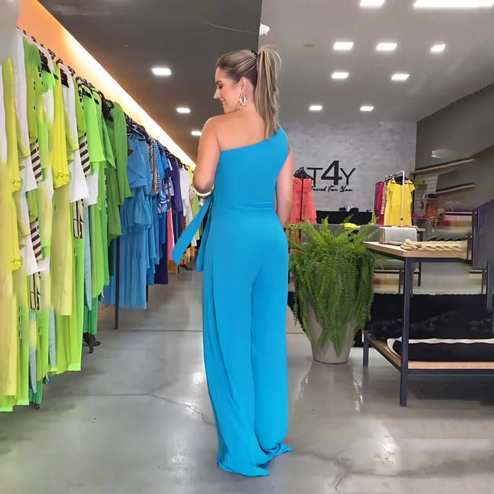 Women's One-Shoulder Wide-Leg Jumpsuit with Waist Tie