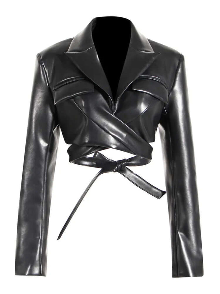 Women's Stylish PU Leather Outdoor Jacket with Waistband