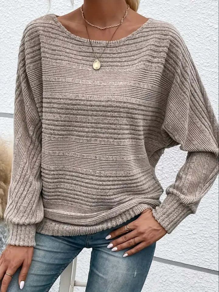 Women's Relaxed Knit Sweater: Ribbed, Scoop Neck, Long Sleeves