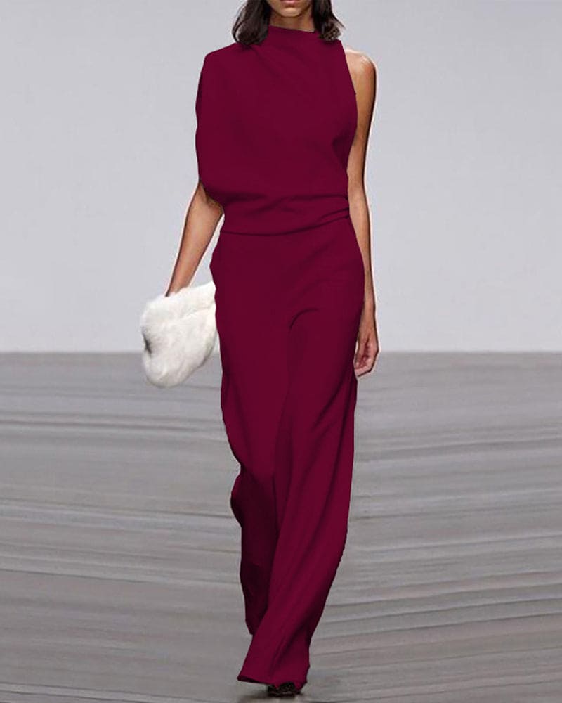 Women's Sleeveless Wide Leg Jumpsuit: Mock Neck Elegance