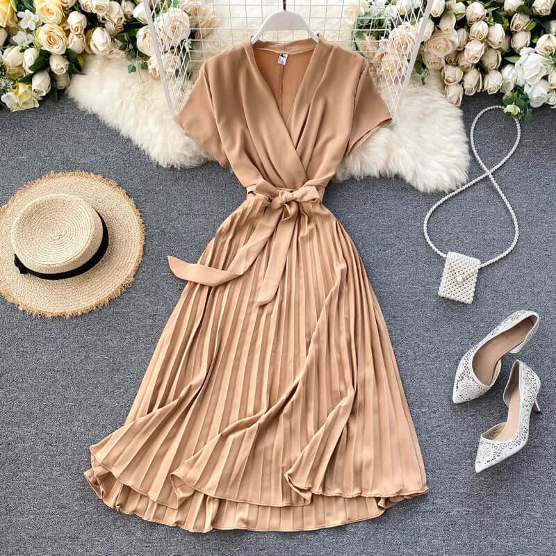 Women's Knee-Length Pleated Dress: Elegant V-Neck High Waist