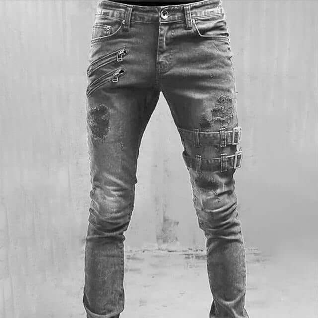 Men's Buckle Detail Skinny Ripped Jeans
