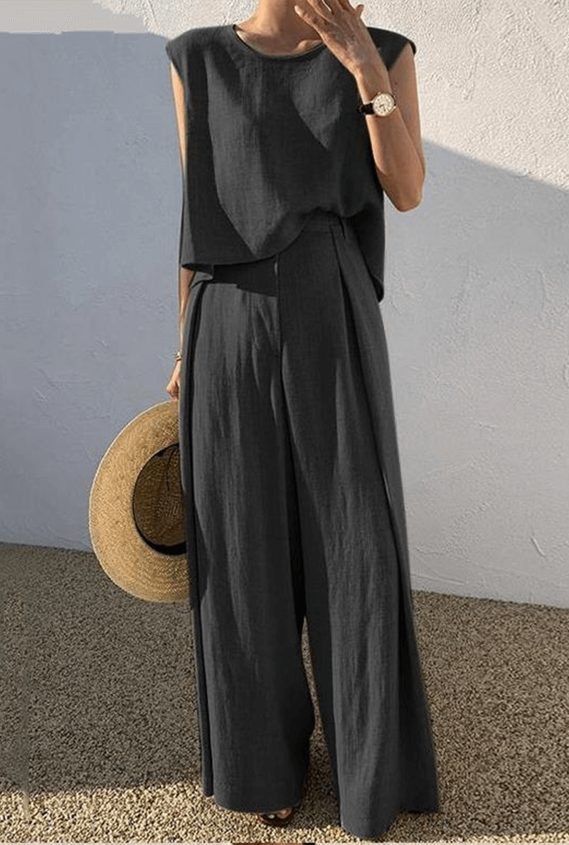 Women's Relaxed Minimalist Outfit: Wide Leg Trousers &amp; Top