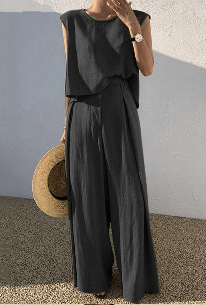 Women's Relaxed Minimalist Outfit: Wide Leg Trousers &amp; Top