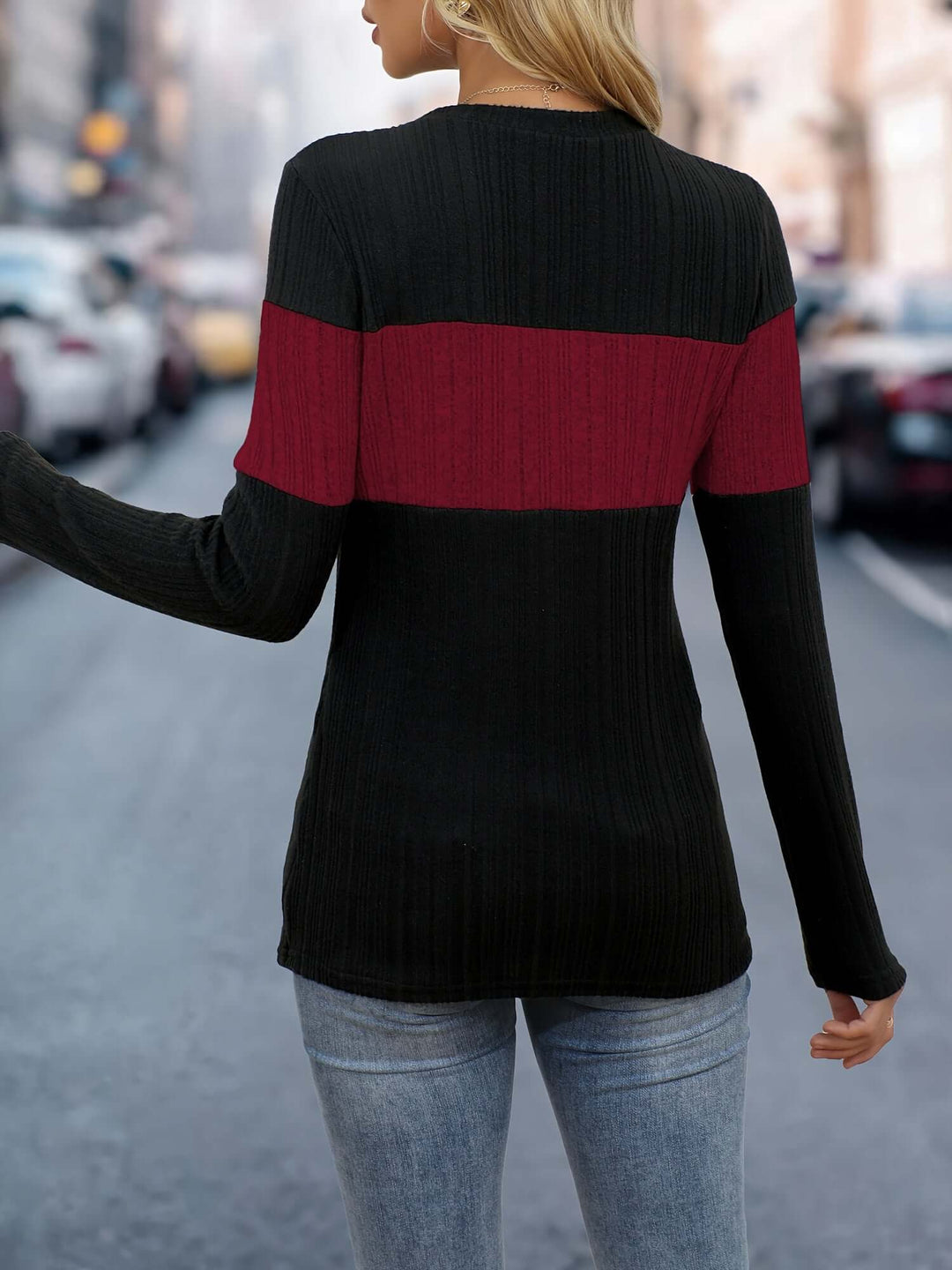 Women's Long Sleeve Ribbed Color-Block Top