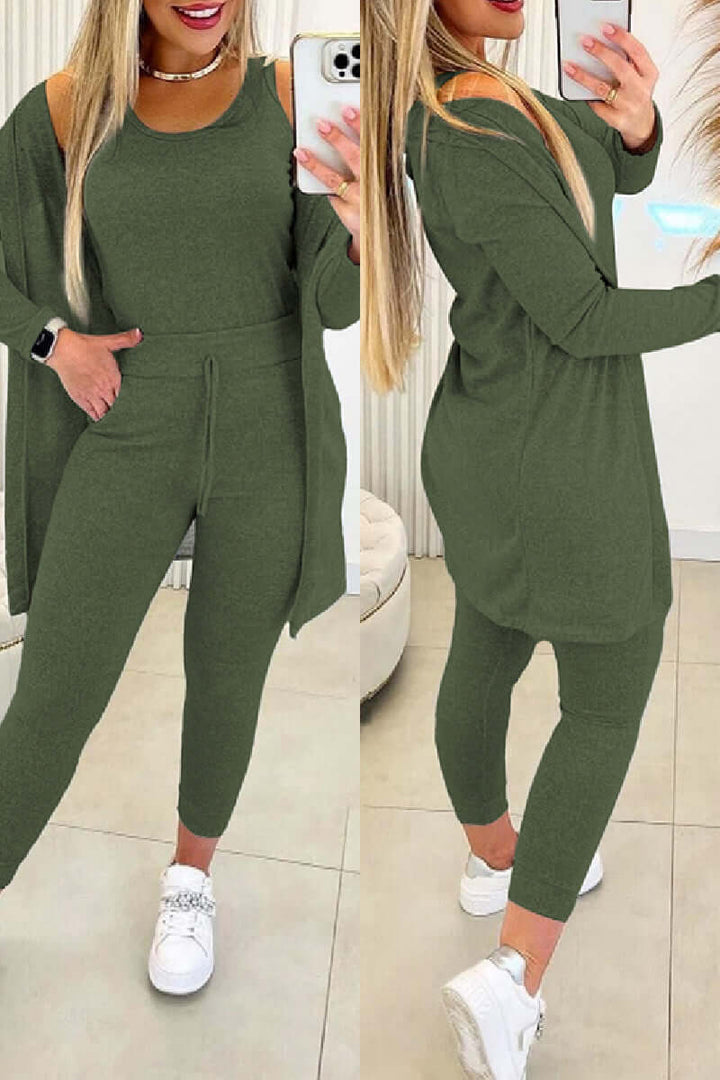 Women's 3-Piece O-Neck Top & Drawstring Pants Set