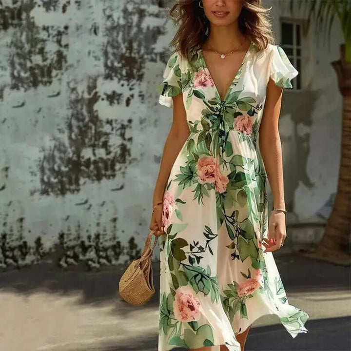 Women's Midi Wrap Dress: V-Neck, Flutter Sleeves, A-Line