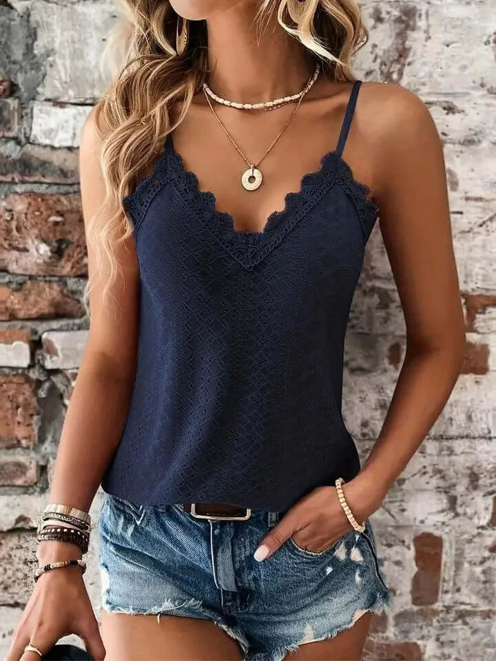 Women's Summer Eyelet Top: V-Neck, Lace Trim, Adjustable