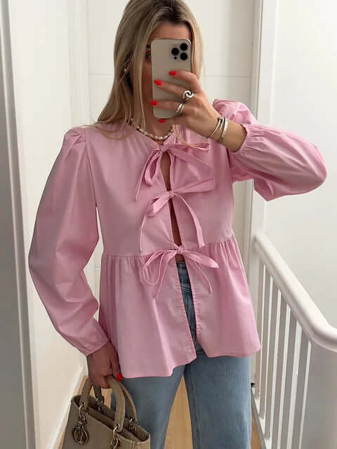 Women's Puff Sleeve Blouse with Bow Detail