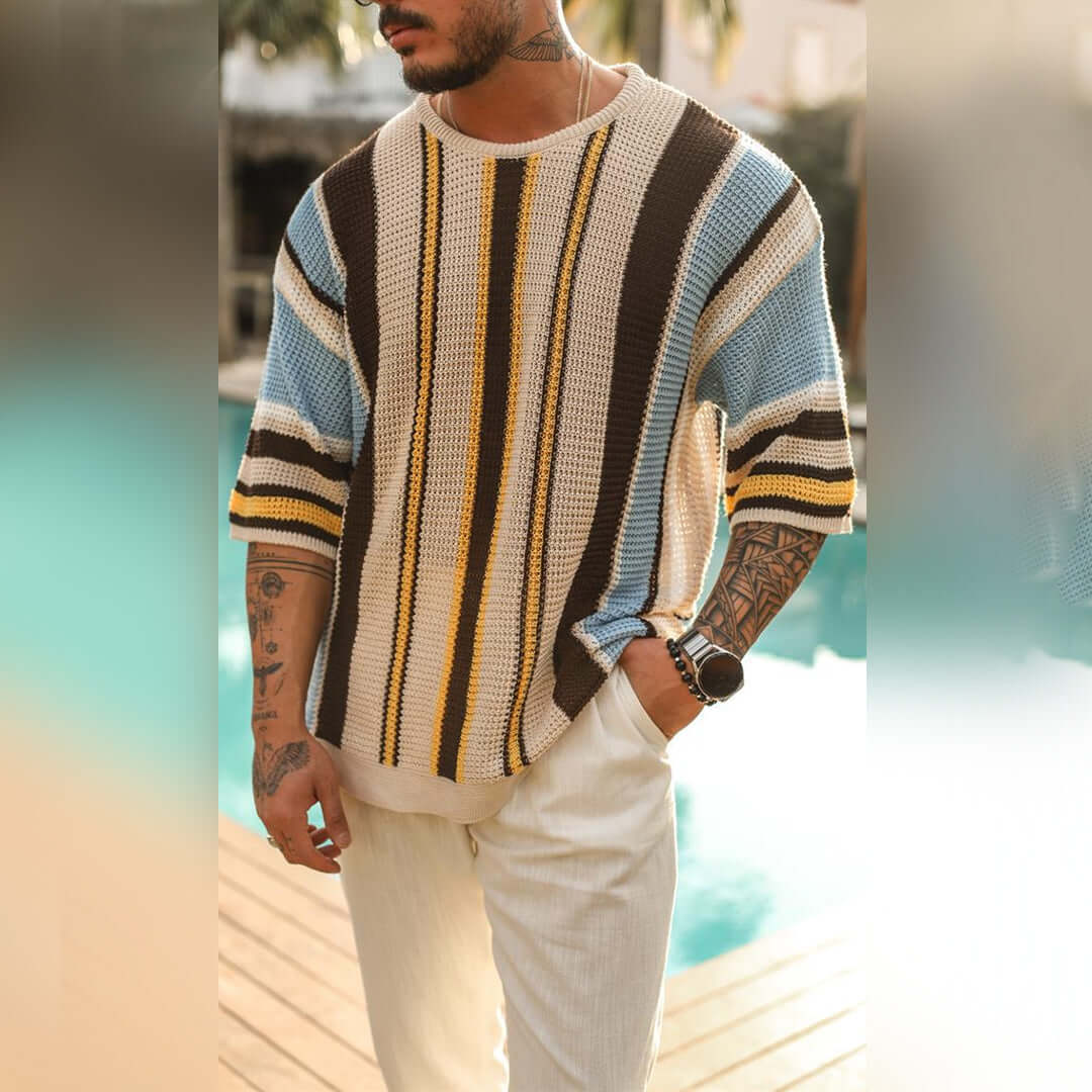 Men's Short Sleeve Striped Knit Sweater