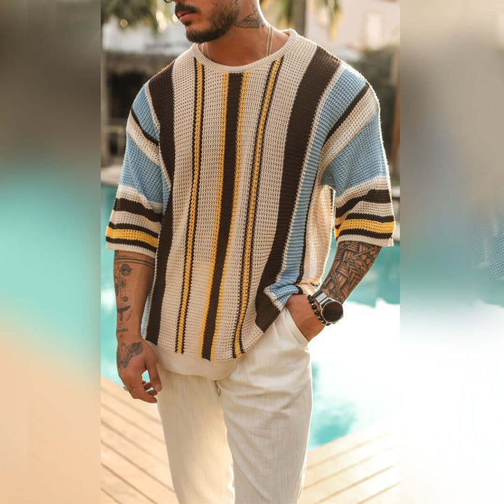 Men's Short Sleeve Striped Knit Sweater