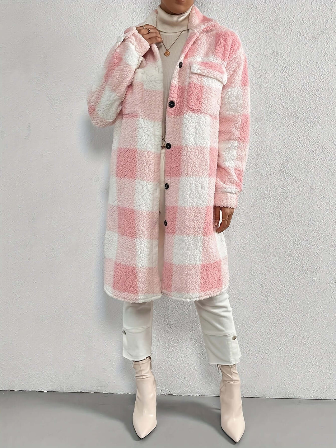 Women's Long Sleeve Checked Coat: Stylish & Warm Outerwear