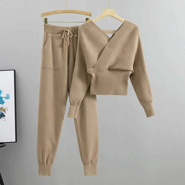 Women's Ribbed V-Neck Top & Harem Pants Set