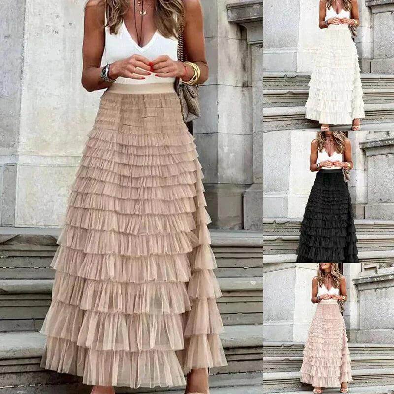 Elegant Pleated Mesh Midi Skirt: Women's Ruffle Detail Skirt