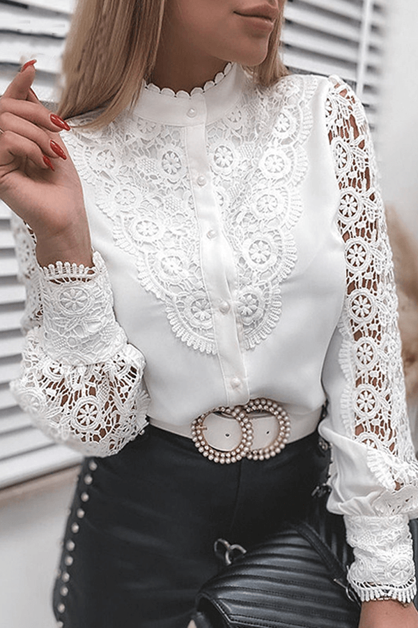 Elegant Lace Cut-Out Mandarin Collar Top