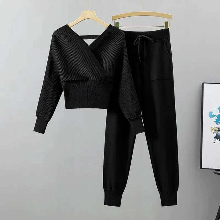 Women's Ribbed V-Neck Top & Harem Pants Set