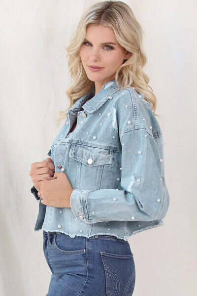 Women's Raw Hem Denim Jacket with Pearl Trim