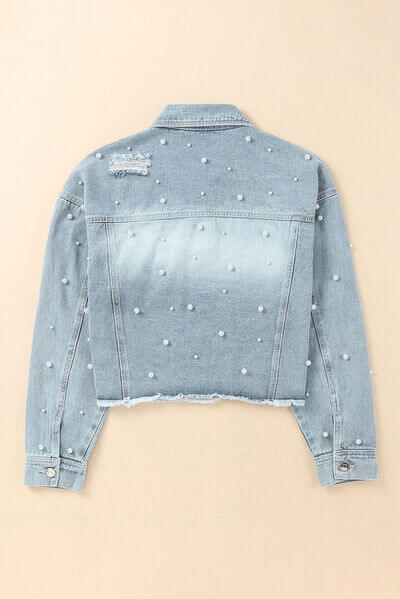Women's Raw Hem Denim Jacket with Pearl Trim