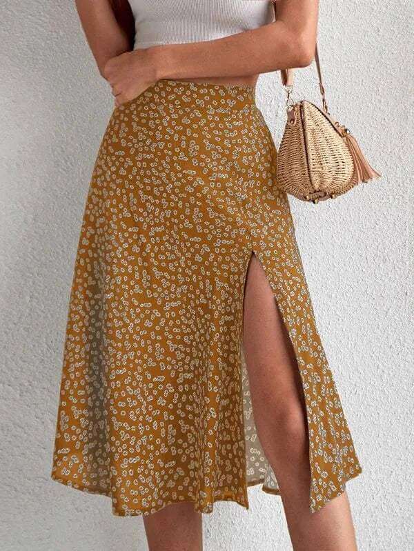 Women's Floral Print Midi Skirt: High Waisted A-Line