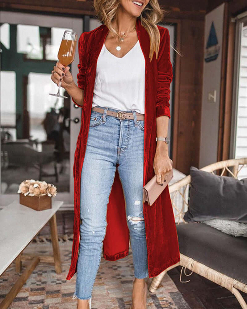 Women's Long Velvet Duster Cardigan - Relaxed Fit, Open Front